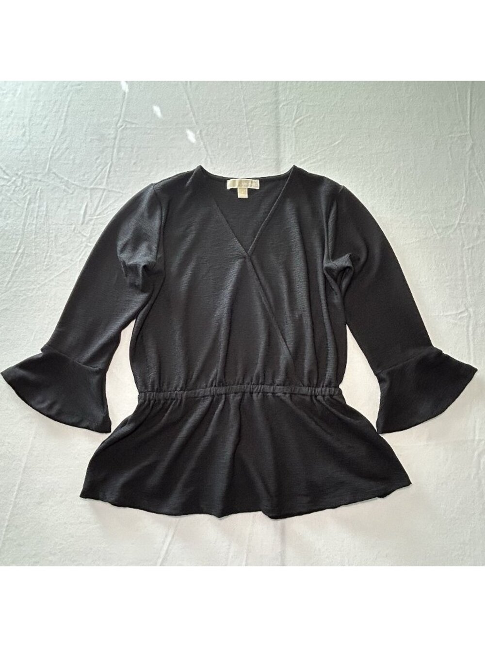 Michael Kors Peplum 3/4 Sleeve Flare Sleeve Top, Women S, Black V-Neck Relaxed